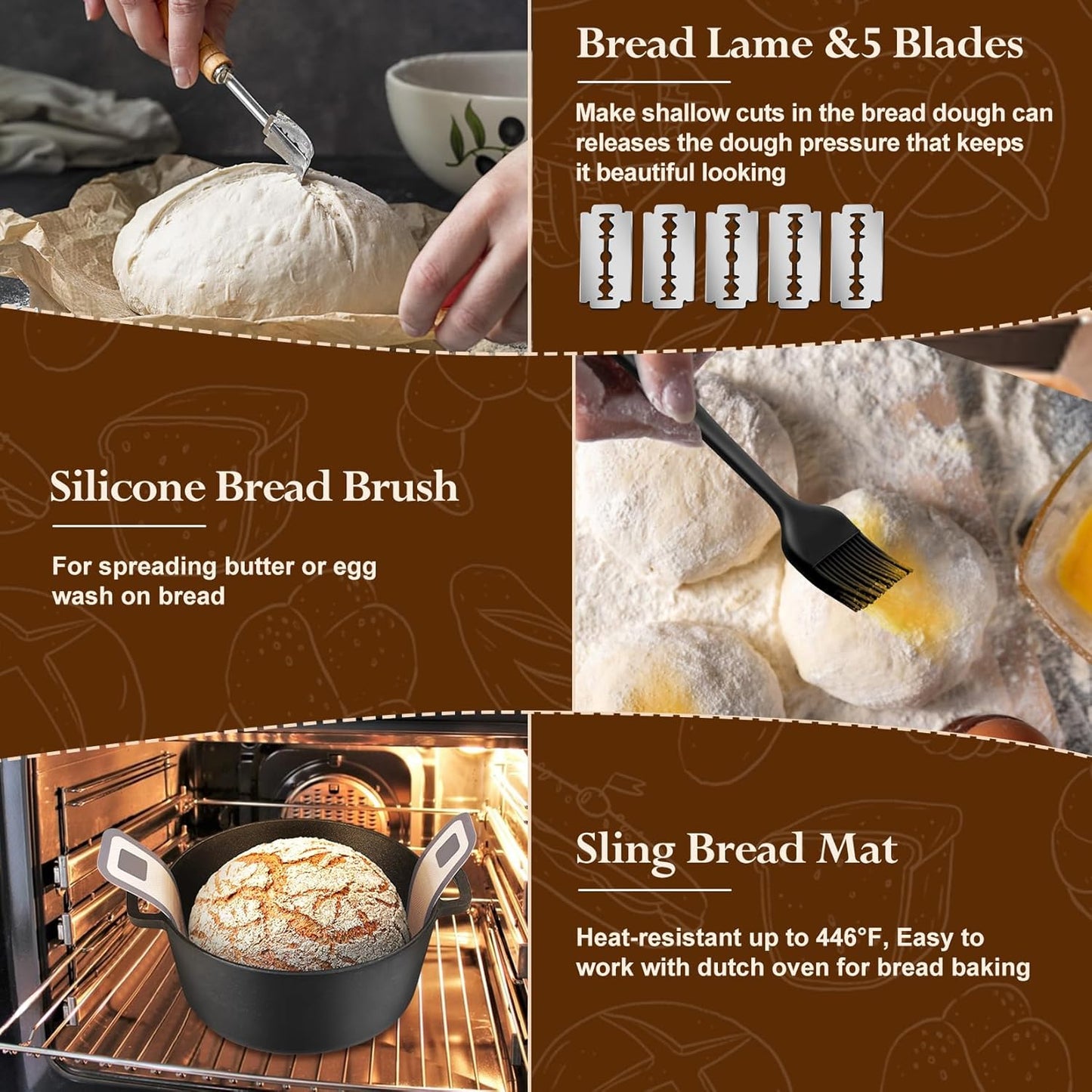 P&P CHEF Sourdough Bread Baking Supplies, 9” Round & 10” Oval Sourdough Proofing Baskets Starter Kit, Bread Making Tool Set with Cloth Liner Bread Lame Scraper Brush Dough Whisk