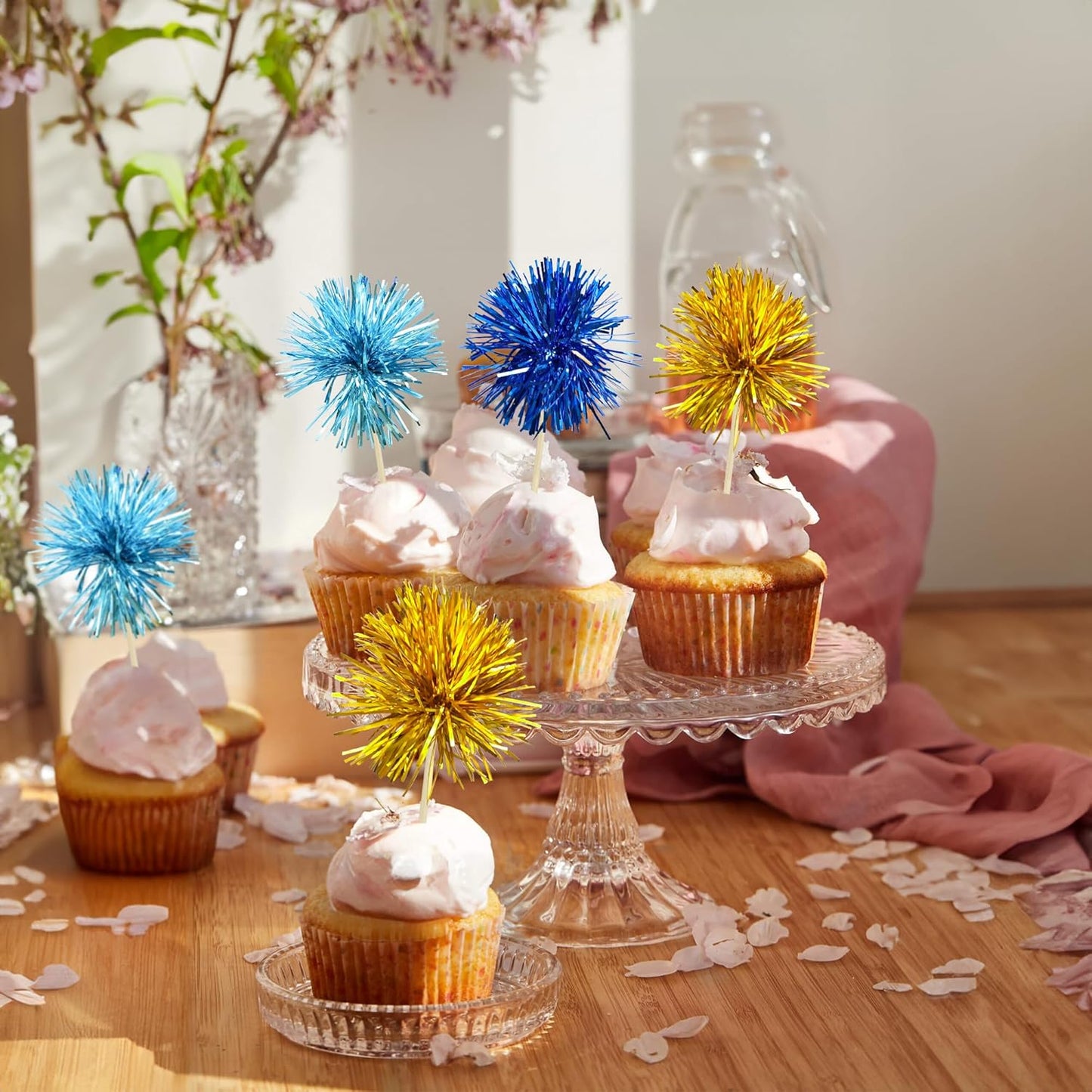 Gyufise 30Pcs Foil Firework Cupcake Toppers Sparkle Tinsel Cake Toppers Tinsel Drink Cake Decoration Cocktail Picks for Birthday Wedding Graduation Party Supplies Gold Light Dark Blue