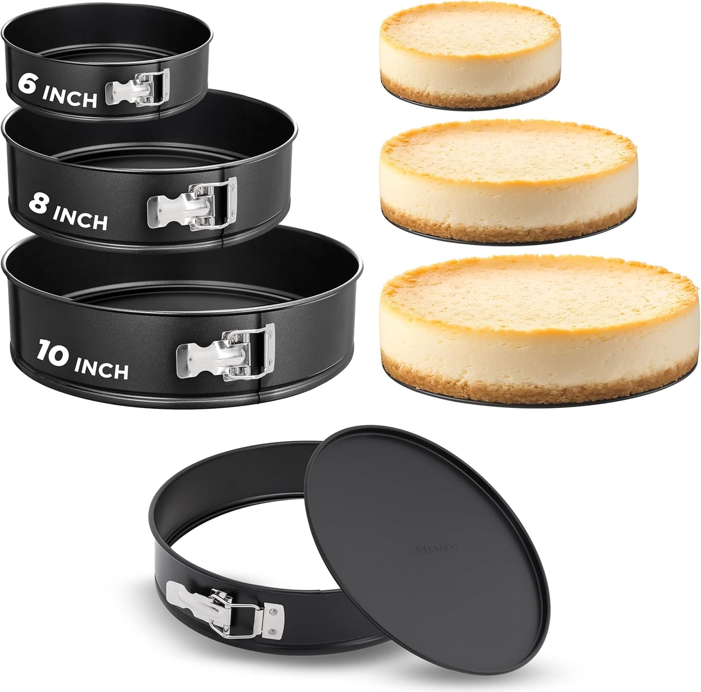 NutriChef 3-Piece Nonstick Springform Pan Set - Premium Carbon Steel Cheesecake Pans with Stainless Steel Clasp - 6", 8", 10" Sizes, Oven Safe up to 450°F - Includes 300pcs Parchment Paper (Black)