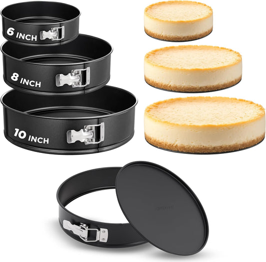 NutriChef 3-Piece Nonstick Springform Pan Set - Premium Carbon Steel Cheesecake Pans with Stainless Steel Clasp - 6", 8", 10" Sizes, Oven Safe up to 450°F - Includes 300pcs Parchment Paper (Black)