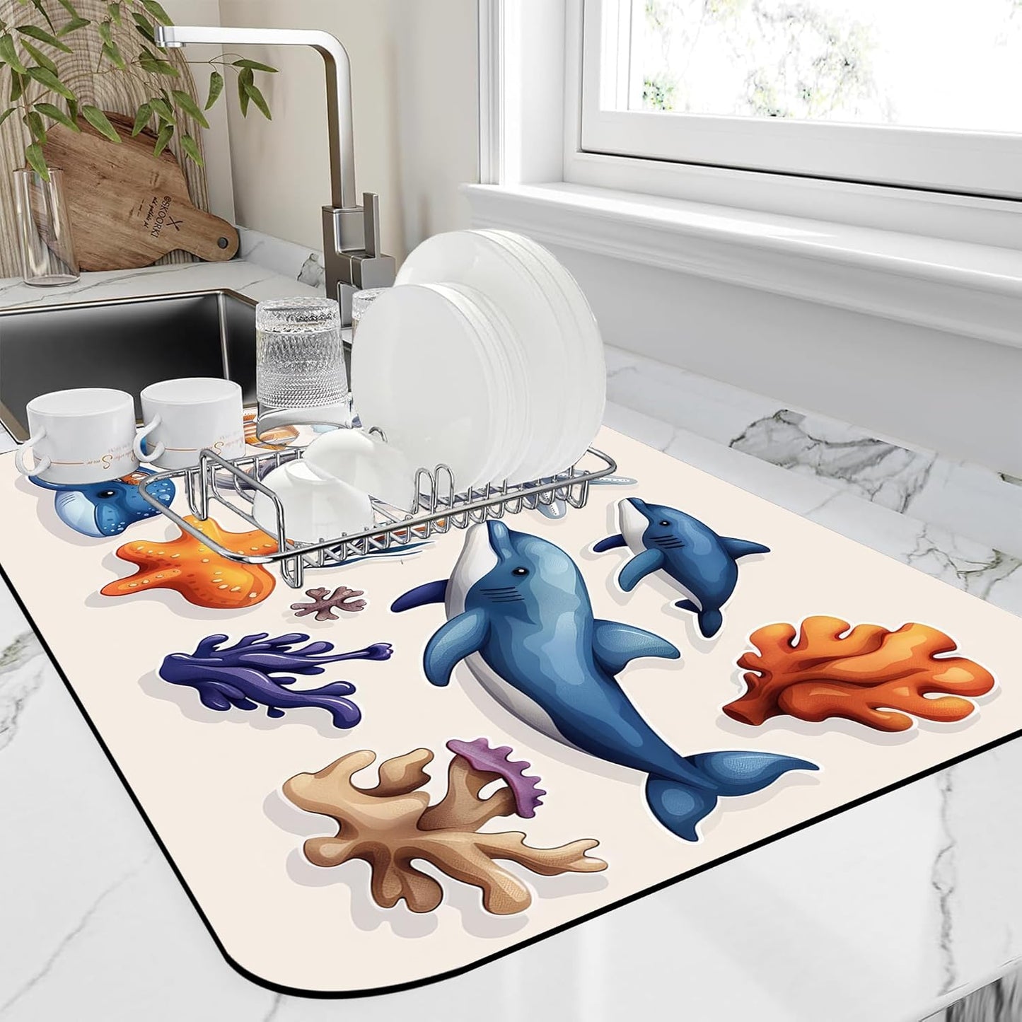Sea Animals Dish Drying Mat Dolphins Starfish Anemones Kitchen Mat 16"x24" Bsorbent Coffee Maker Mat for Dishes,Utensils Coffee Maker Pots and Pans Easy Clean Dish Slip Resistant Pad