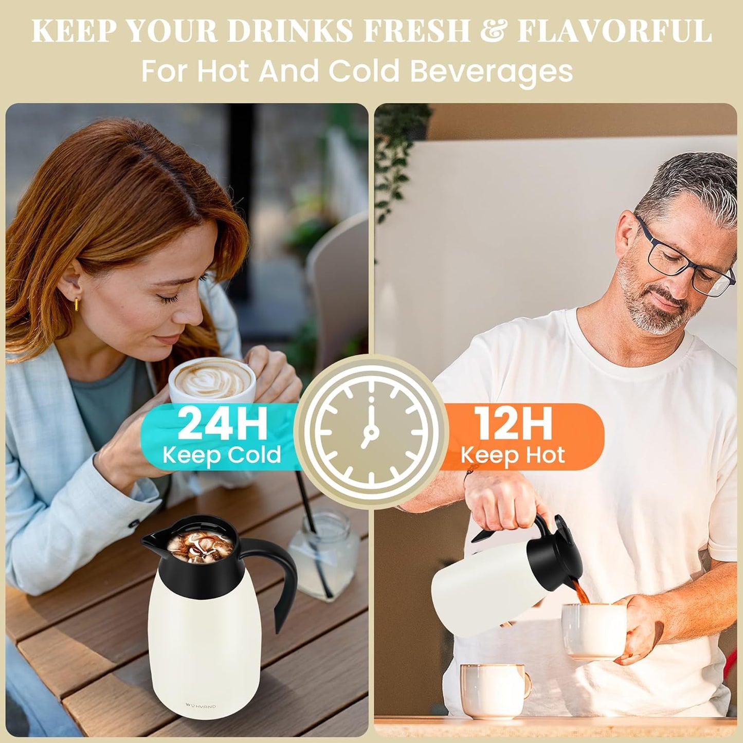 51 Oz Thermal Coffee Carafe, Stainless Steel Insulated Vacuum coffee crafts to keep coffee hot, 1.5 Liter Tea Water Coffee and Beverage Dispenser (Cream)