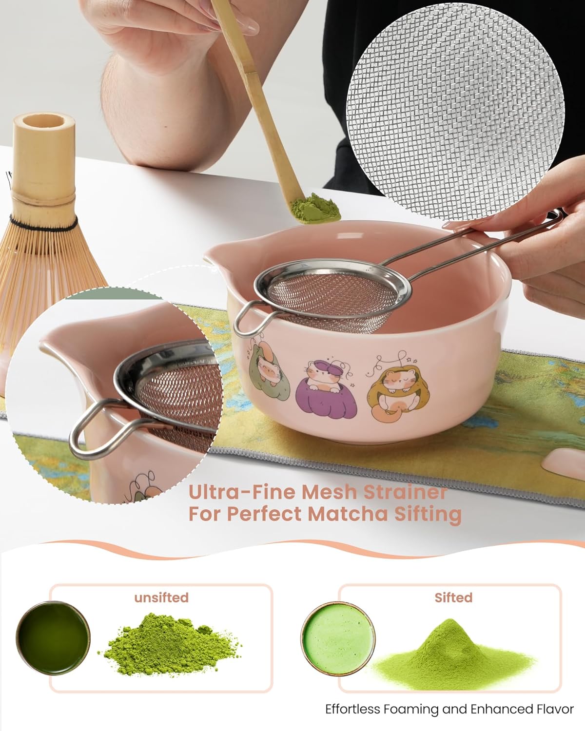 Matcha Whisk Set, 7 Pcs Pink Matcha Set Includes Matcha Bowl,Matcha Whisk and Holder, Bamboo Scoop, Scoop Rest, Sifter and Tea Towel -Matcha Kit for Matcha Lovers