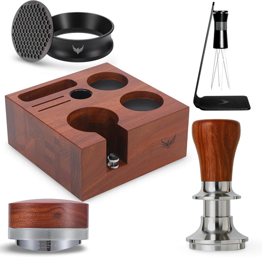 58mm Espresso Accessories Kit – Rosewood Tamping Station, Calibrated Tamper, Coffee Distributor, WDT Tool, Dosing Funnel & Puck Screen | Complete Espresso Tool Set for 58mm Portafilter M