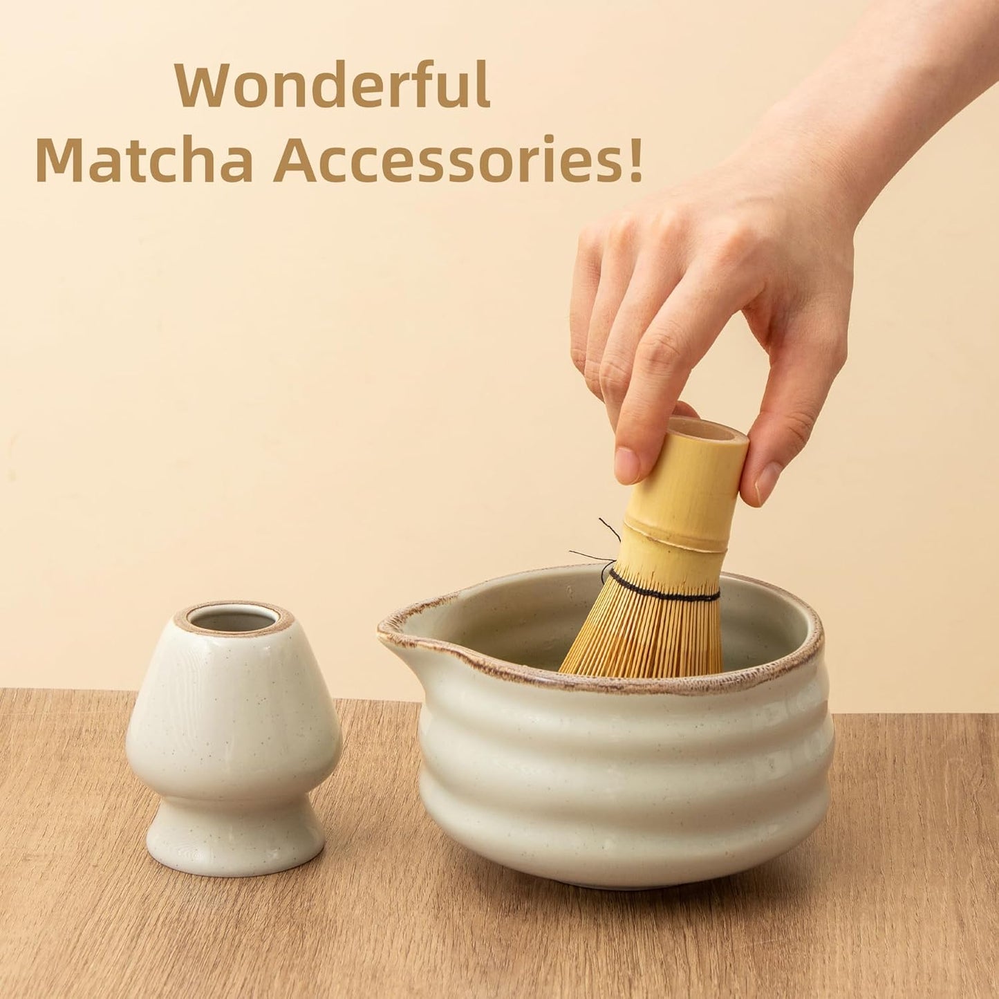 2pcs Matcha Bowl with Whisk Holder, Ceramic Grey Matcha Bowl with Spout, 16.5OZ Porcelain Bowl with Measurement Marks, Tea Mixing Bowl with Whisk Stand, Matcha Gift Set (grey)