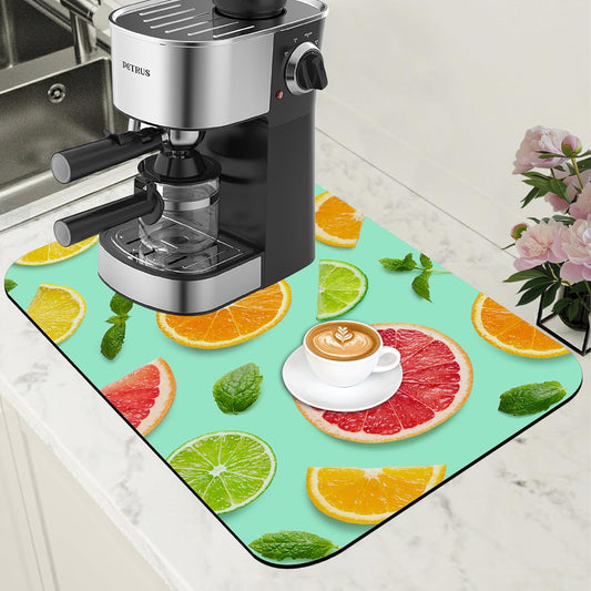 Citrus Fruits and Mint Leaves Dish Drying Mat for Kitchen Counter Hide Stain Absorbent Coffee Mat Rubber Backed Drying Rack Pad Espresso Machine Coffee Bar Accessories 11.8 x 19.7 Inch
