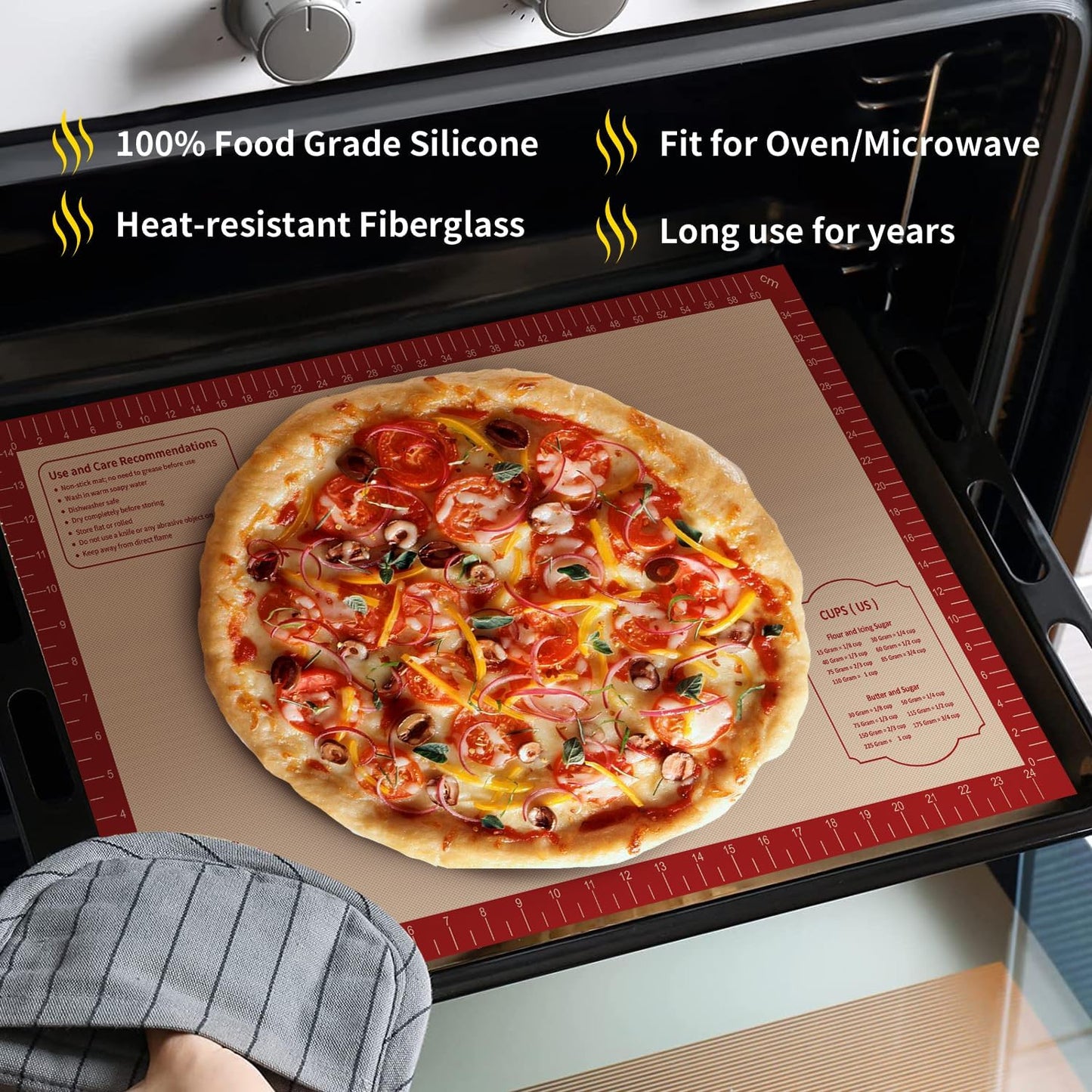 Silicone Baking Mat, Reusable Silicone Dough Mat, Non-Stick Pastry Mat, Heat Resistant Silicone Mat for Baking Cookies, Cake, Bread, Chocolate, Pizza, Crust, Pie Oven Mat, Easy to Clean