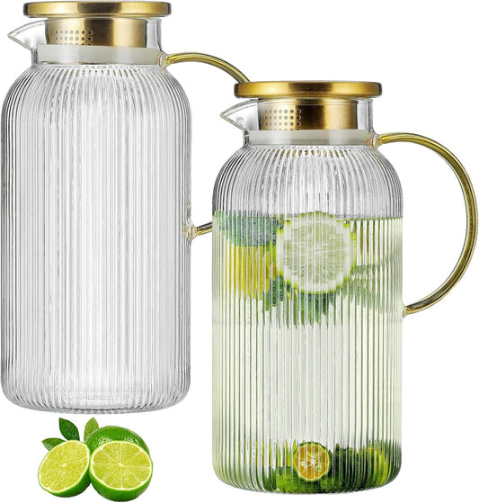 2 PACK Glass Pitcher with Lid, 68 oz/ 2 Liter Classic Vertical Stripes Water Pitcher with Yellow Handle,Glass Water Carafe for Cold Brew, Coffee, Lemonade, Iced Sun Tea,Beverage,Heat Resistant