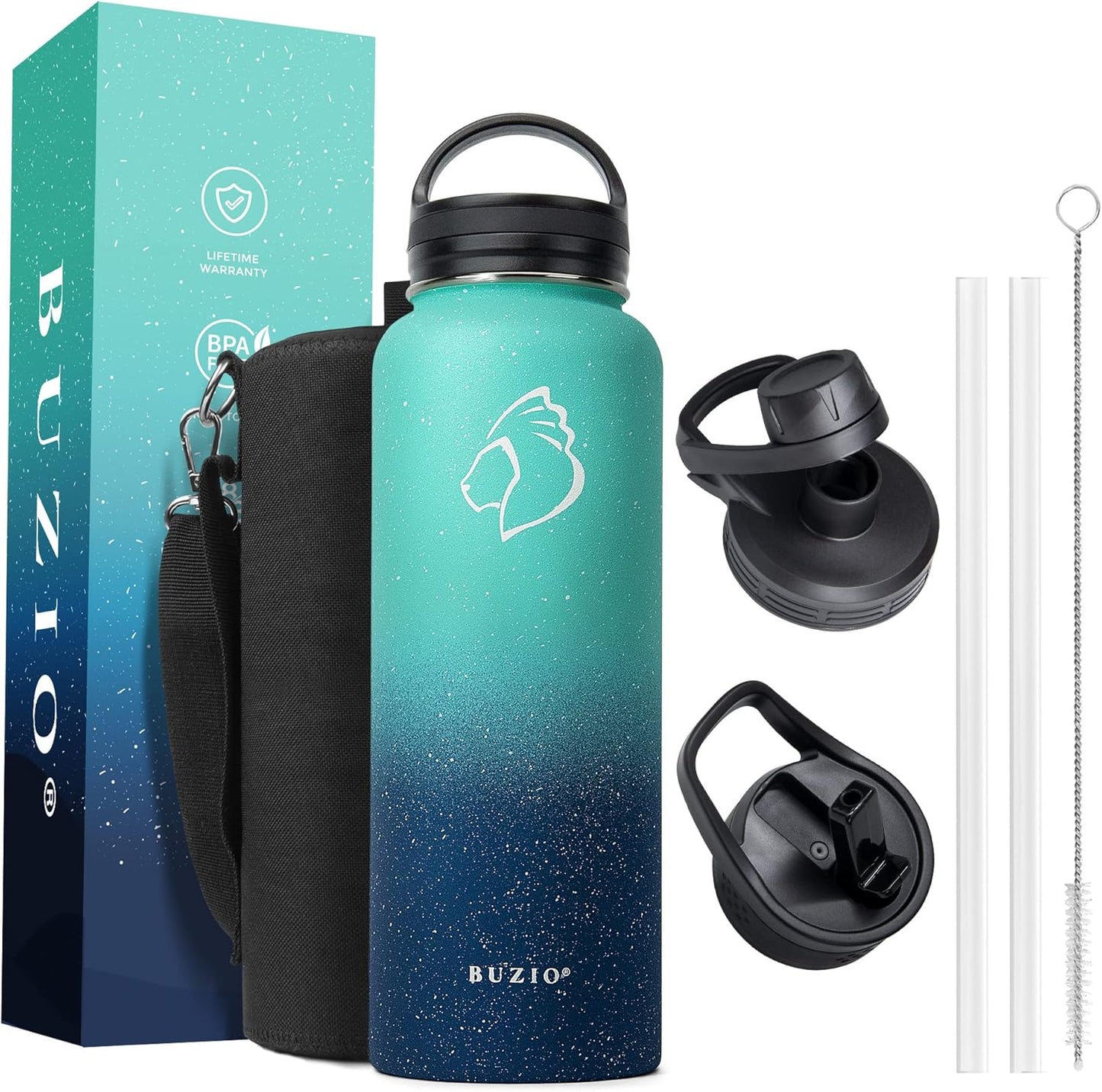 BUZIO 40 oz Water Bottle Insulated with Straw & 3 lid and Carrying Pouch, Leak Proof Anti-Slip Stainless Steel Water Flask Jug, Cold for 48 Hrs Double Vacuum Thermo Canteen, BPA-Free, Starry Pacific