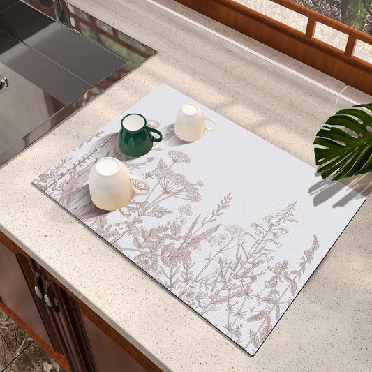 Dish Drying Mat Absorbent Coffee Mat Rubber Backed Soft Silicone Kitchen Drying Mat for Kitchen Bathroom Coffee Bar (Plants, 16 x 24 Inches)