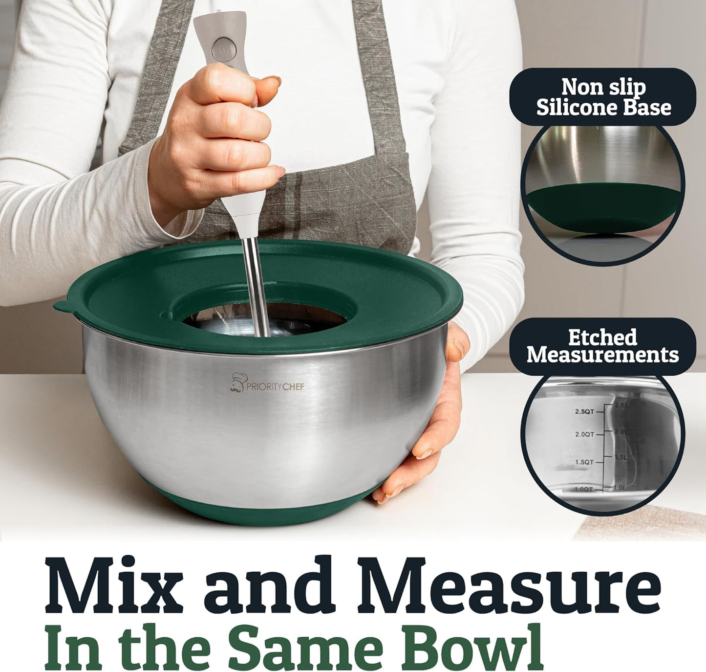 Priority Chef Stainless Steel Mixing Bowls with Lids Set, 3 Grater Attachments, Airtight Lids, Non-Slip Silicone Base Mixing Bowl Set, Large Prep Metal Mixing Bowls for Kitchen, Green