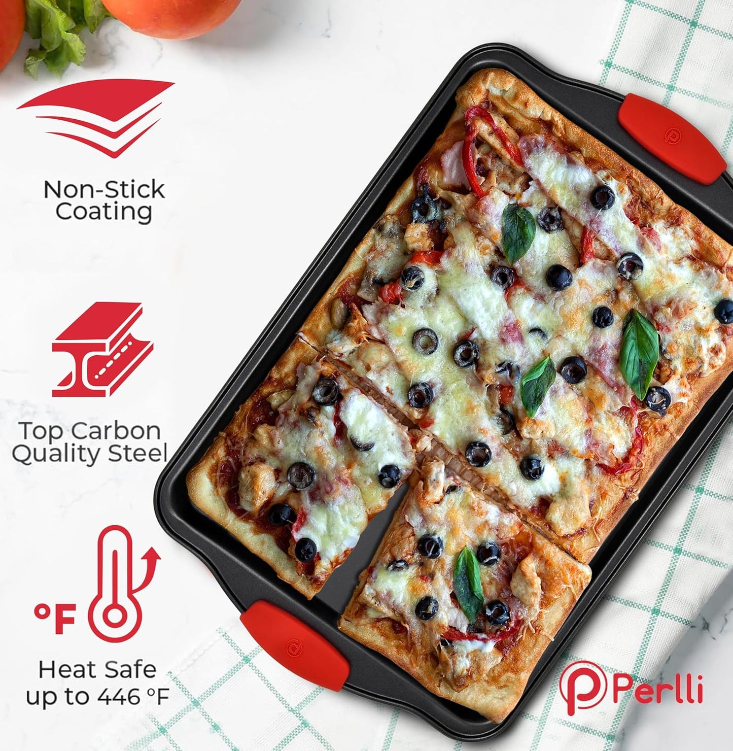 PERLLI Non-Stick 3-Piece Baking Pan Set, BPA-Free Carbon Steel Bakeware Set with Silicone Handles, Stackable Kitchen Oven Set, Cookie Sheet, Baking Tray, Baking Sheet Set, Oven Safe (446°F)