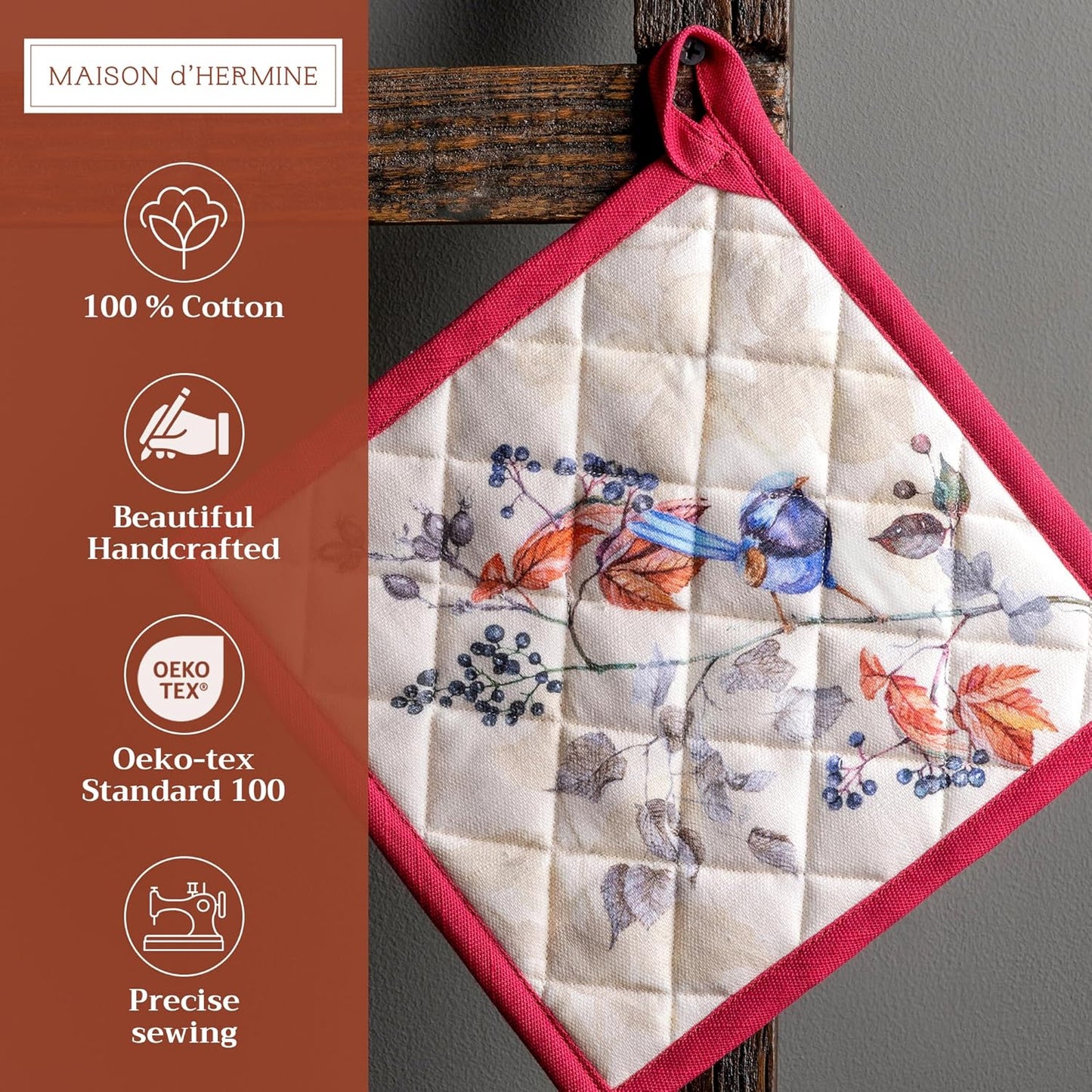 Maison d' Hermine Pot Holders Set 100% Cotton Heat Resistant Potholders 8" x 8" Hot Pads with Loop BBQ, Cooking, Baking, Grilling, Kitchen, Handling Hot Pans (Pack of 2, Equinoxe - Beige)