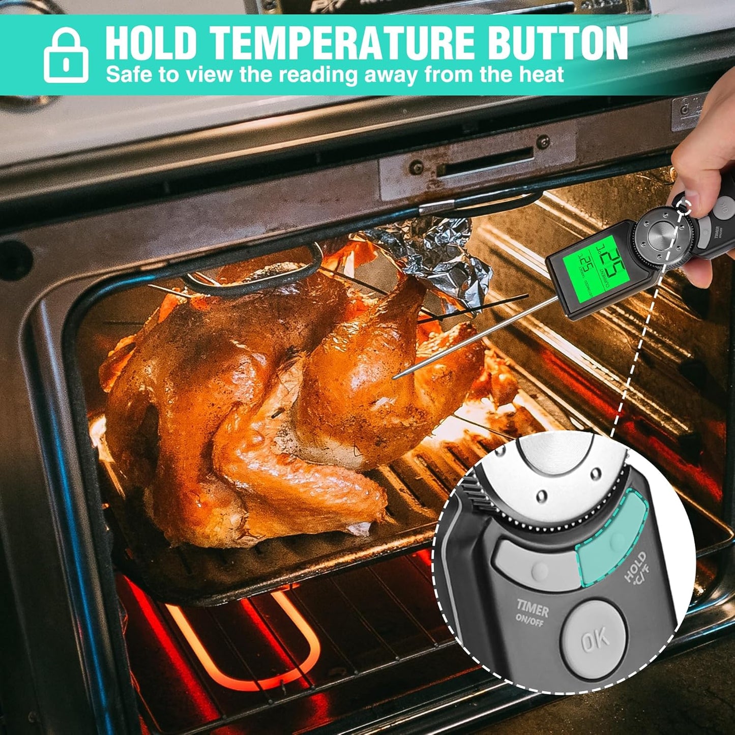 HAUSHOF Instant Read Meat Thermometer Digital, High Accuracy Cooking Thermometer, Scroll Interface Food Thermometer with Timer, Quick-Setting Kitchen Temperature Probe for Grill, Smoker, BBQ, Frying