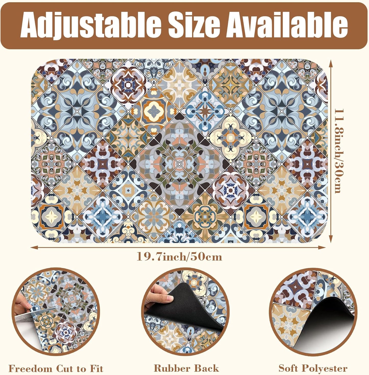 Retro Colorful Tiles Dish Drying Mat for Kitchen Counter Floral Coffee Mat Hide Stain Absorbent Drying Rack Pad with Rubber Backed Espresso Machine Coffee Bar Accessories 11.8 x 19.7 Inch