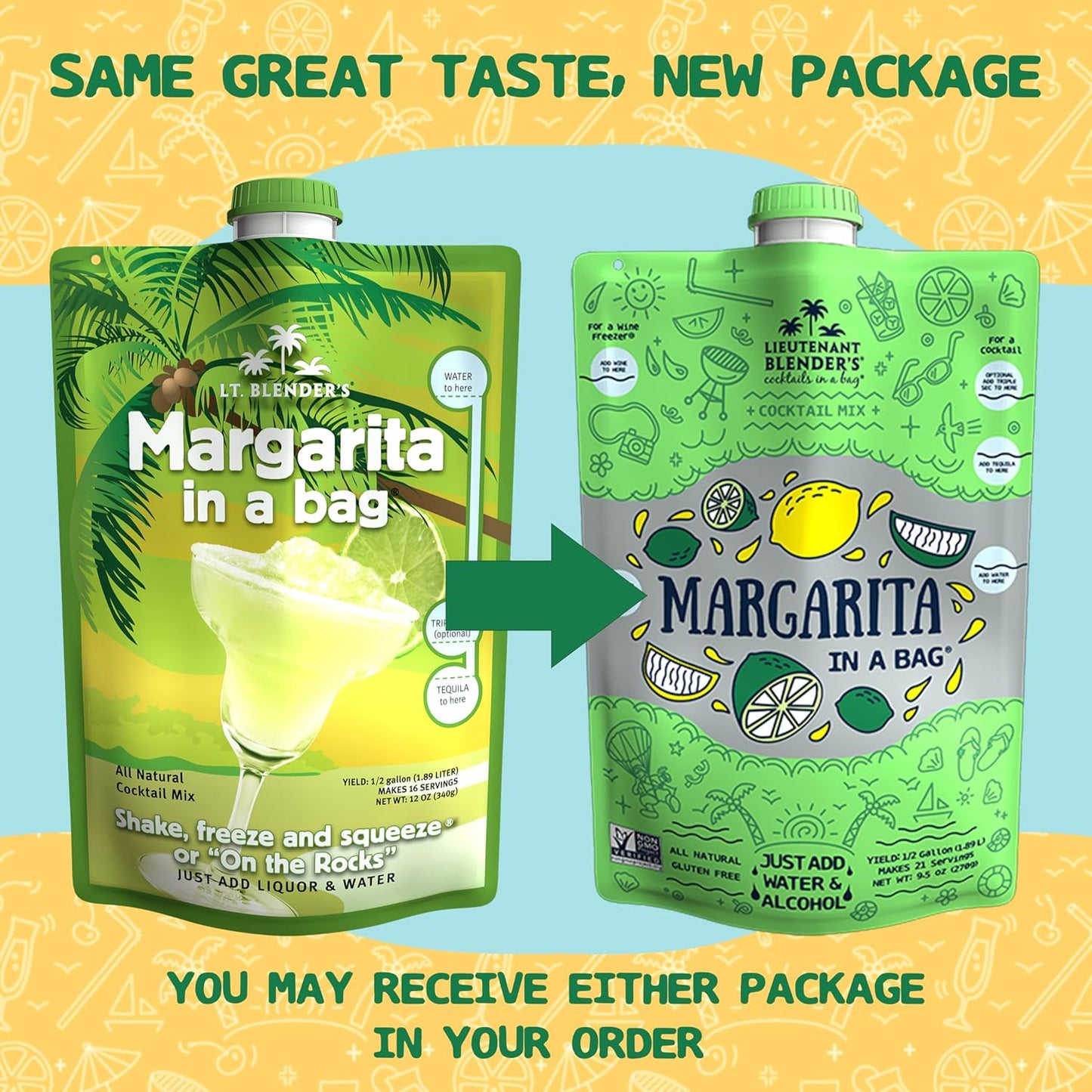 Lt. Blender's Margarita in a Bag - Margarita Mix - Each Bag Makes 1/2 Gallon of Frozen Margaritas – Non-GMO Cocktail Mix - No Blender Needed – Add Liquor, Wine or as a Mocktail (Pack of 5)