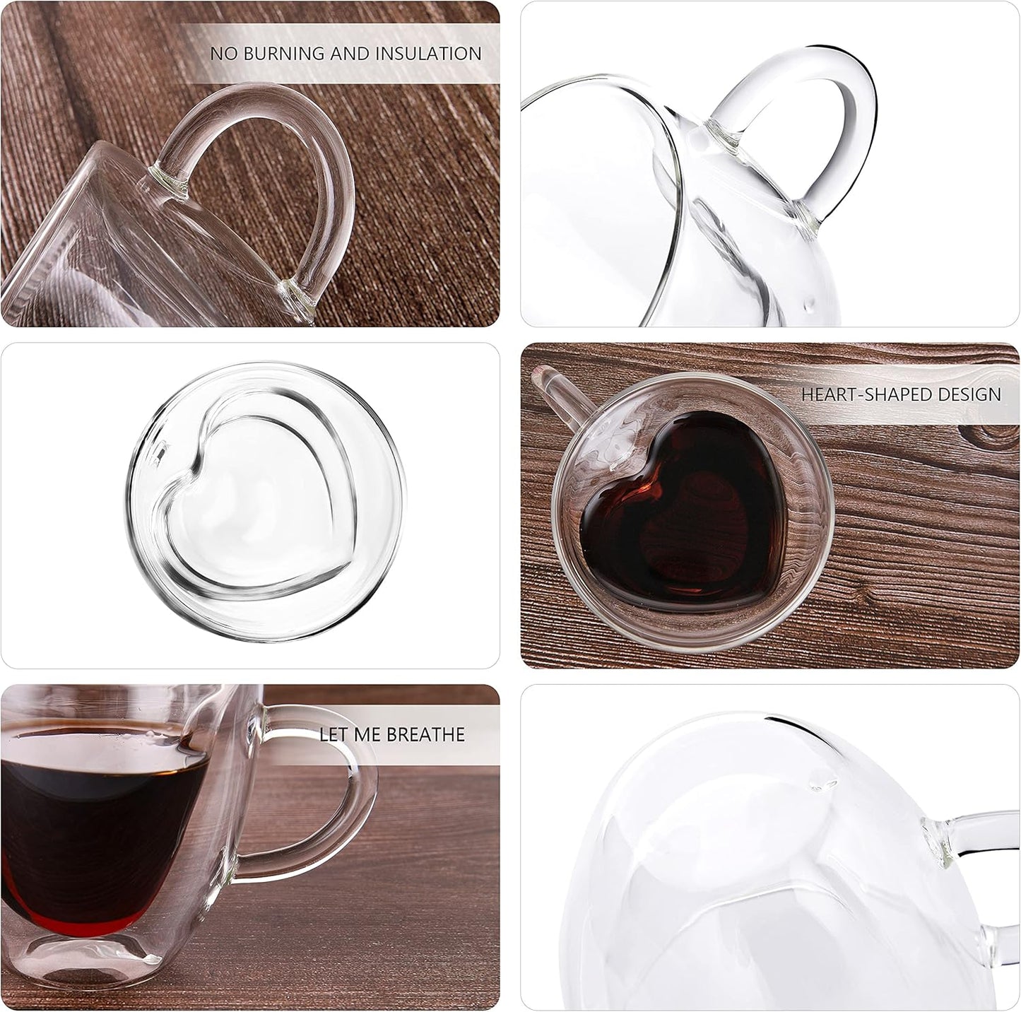 CNGLASS Mothers Day Gifts for Mom,Double Wall Heart Shaped Glass Coffee Mugs 8.5oz,Insulated Clear Tea Cups with Handle,Unique Glass Espresso Mugs for Coffee,Cappuccino,Latte,Milk,Set of 2