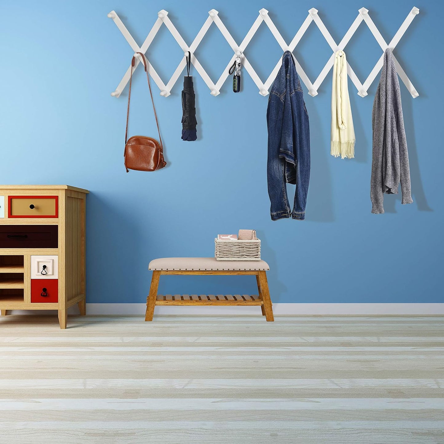 Dseap Accordian Wall Hanger: Wooden Coat Rack Wall Mounted, Hat Racks for Baseball Caps, Mug Rack, 20 Peg Hooks, White