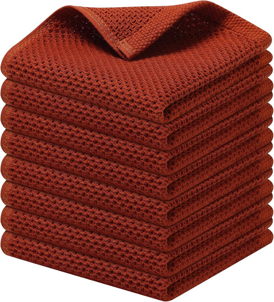 Kitinjoy 100% Cotton Kitchen Dish Cloths, 8 Pack Waffle Weave Ultra Soft Absorbent Dish Towels for Drying Dishes Quick Drying Kitchen Towels Dish Rags, 12 X 12 Inches, Rust