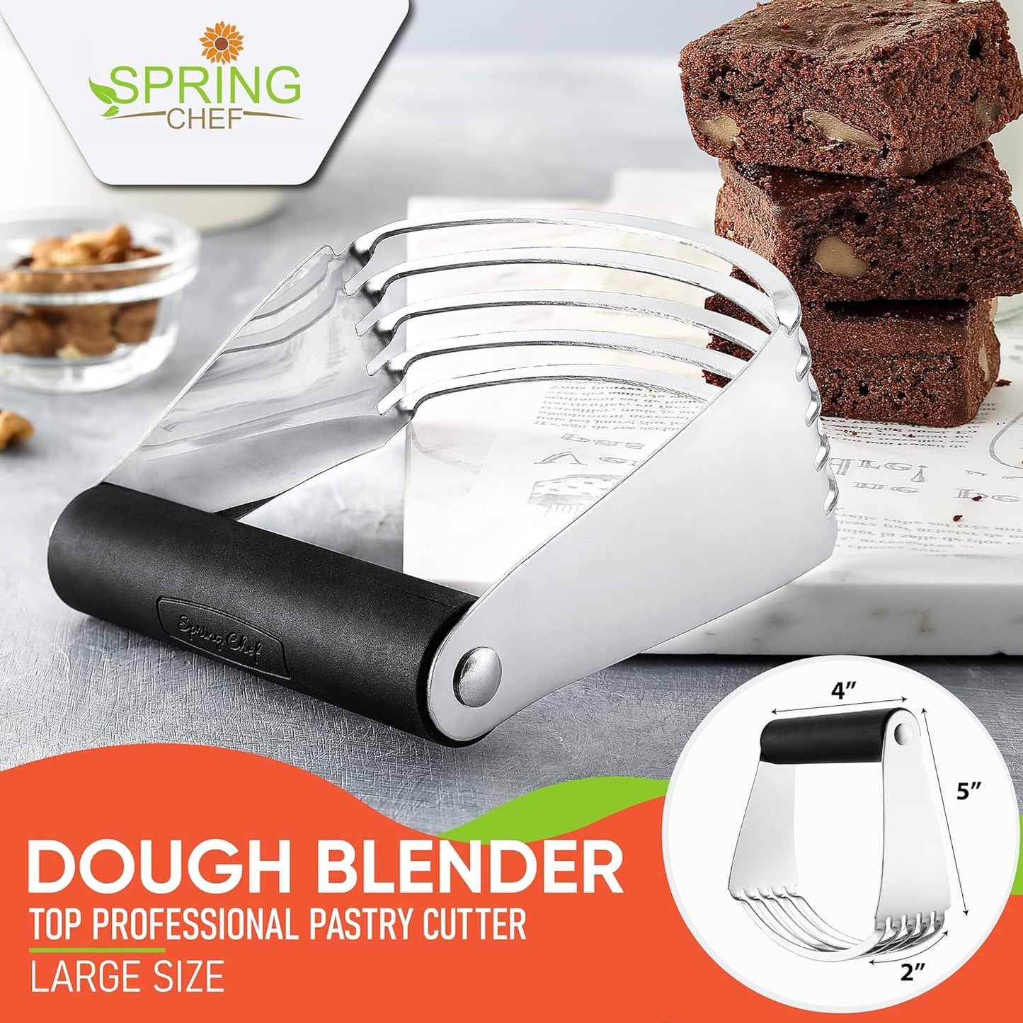 Spring Chef Dough Blender, Top Professional Pastry Cutter with Heavy Duty Stainless Steel Blades, Large Size, Black