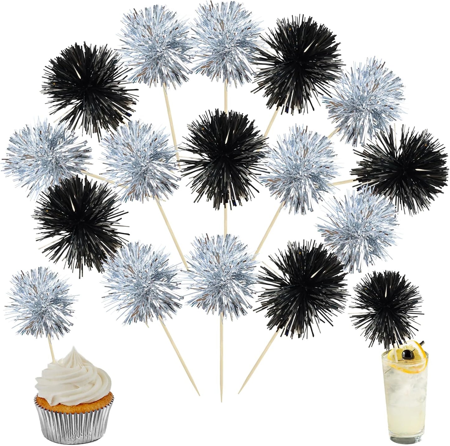 Ephlyn 30Pcs Foil Firework Cupcake Toppers Sparkles Fireworks Sticks Birthday Decorations Sparkle Tinsel Cocktail Fruit Toothpick for Birthday Wedding Graduation Party Cake Decorations Black Silver