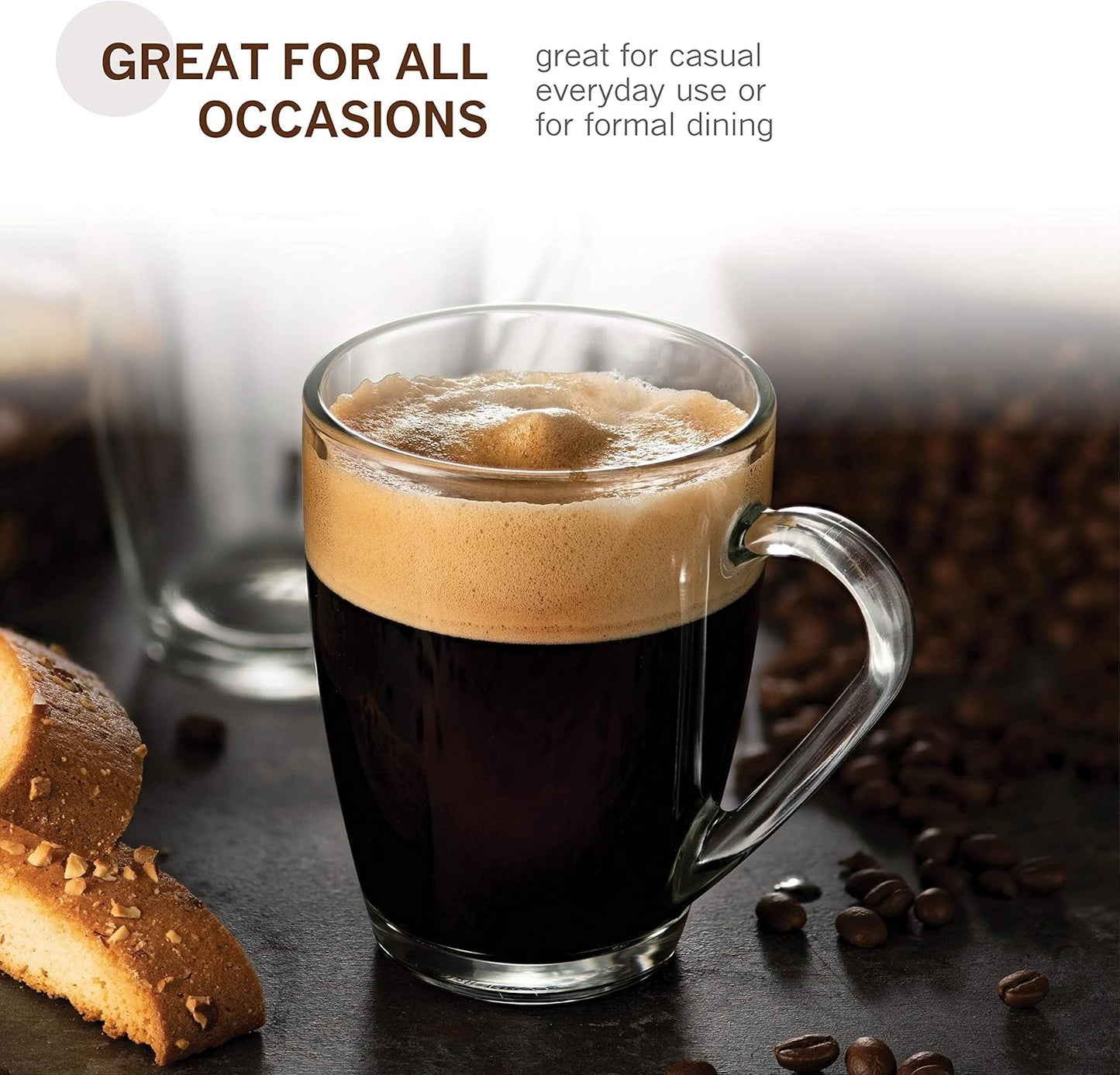 Bormioli Rocco Glass Coffee Mug Set, (6 Pack) 10¾ Ounce with Convenient Handle, Tea Glasses for Hot/Cold Beverages, Thermal Shock Resistant, Tempered Glass, for Cappuccino, Latte, Espresso, clear.