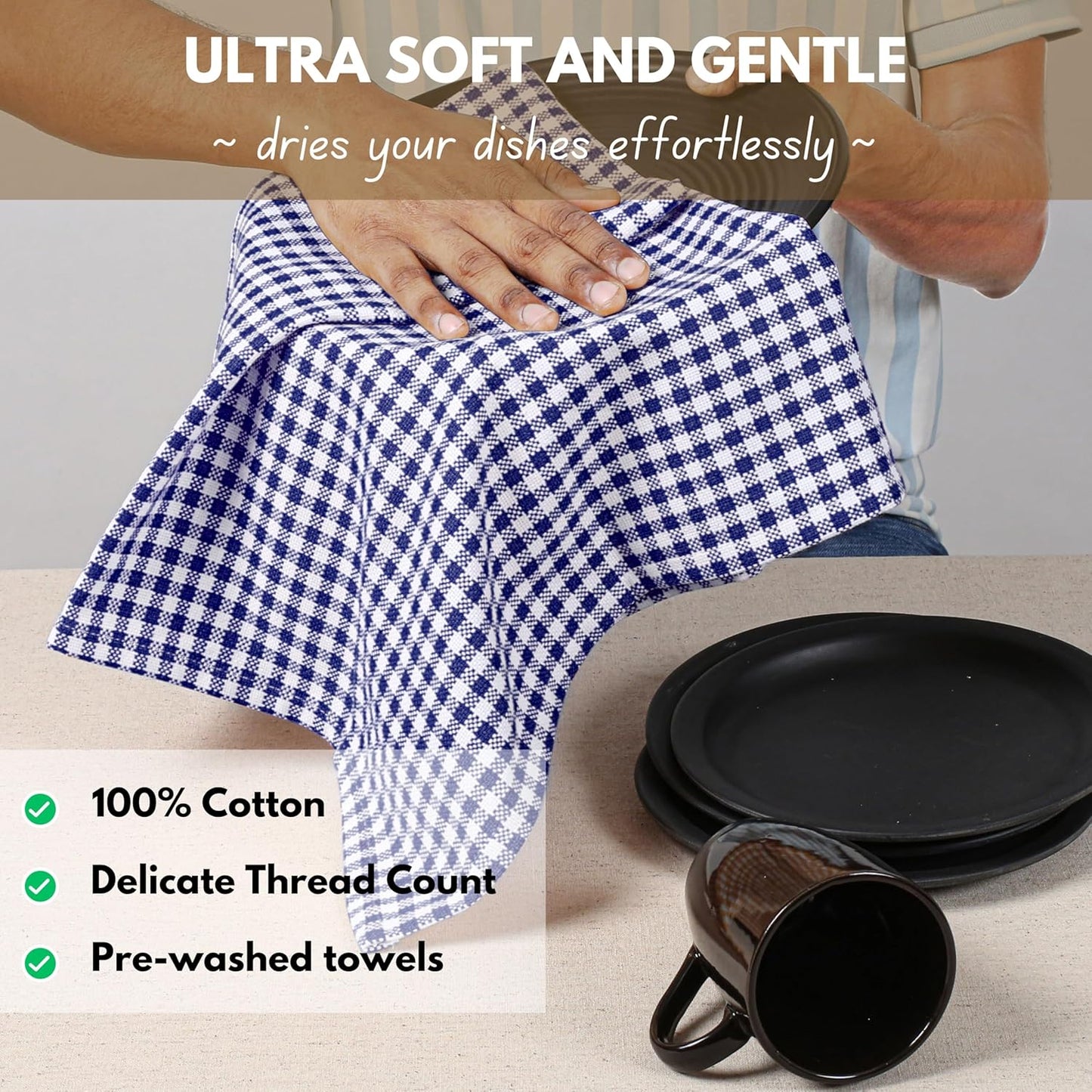 Native Fab 12 Pack Gingham Mini Check Kitchen Dish Towel Cotton Durable Washable 16"x26" - Tea Towels, Soft Absorbent Cleaning Towels, Hand Towel with Hanging Loop - Blue White