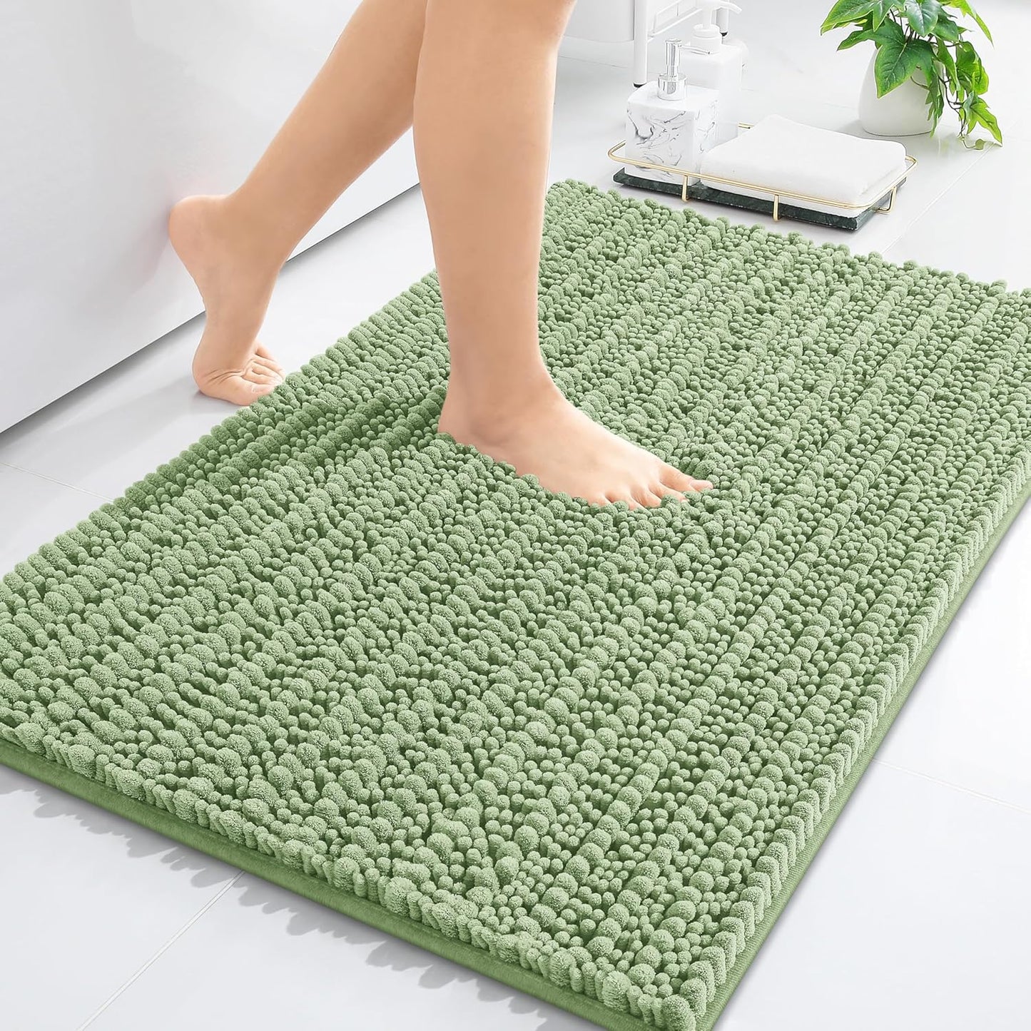 Arotive Luxury Chenille Bathroom Rug Mat, Extra Soft Thick Absorbent Shaggy Bath Rugs, Non-Slip Machine Wash Dry, Plush Bath Mats for Bathroom, Shower and Tub, 30x17, Sage Green
