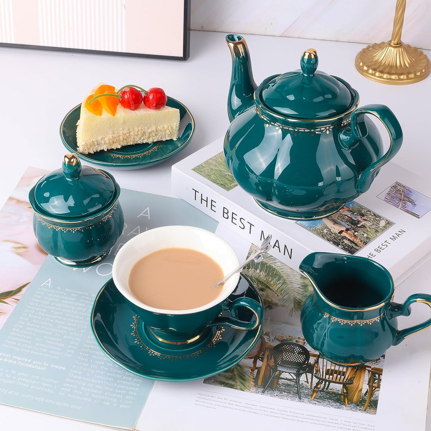 CHENP.HMC Tea Set 22-Piece Porcelain Ceramic Coffee Tea Sets Cups Saucer Service for 6 Teapot Sugar Bowl Creamer Pitcher and Teaspoons Porcelain Tea Set(Dark Green)