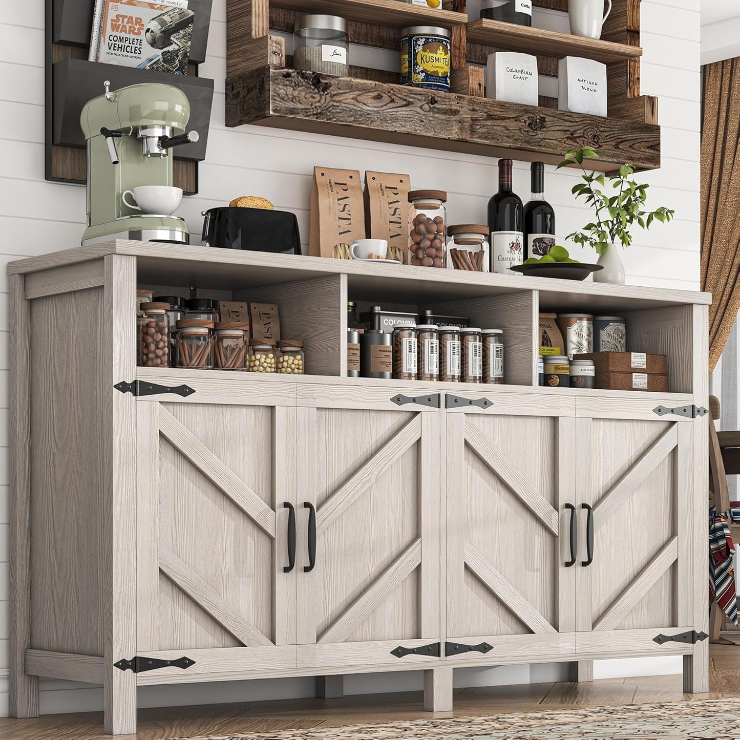 Buffet Cabinet with Storage Farmhouse with 4 Doors, 55'' Large Kitchen Storage Cabinet Wood Coffee Bar Buffet Sideboard for Kitchen, Dining Room, Entryway