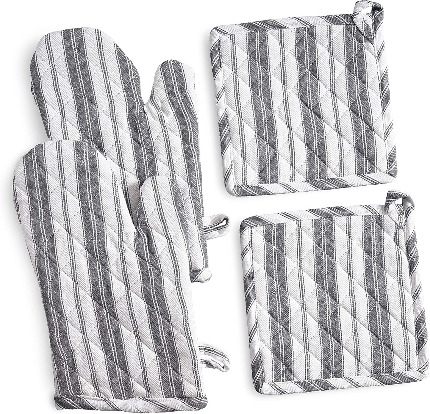 Oven Mitts & Potholder Set - Durable Heat Resistant Gloves - Thick Mittens for Kitchen - Suitable for Cooking, Baking, Grilling – BBQ - 2 Oven Mitts & 2 Potholders – Dark Grey Stripes - Casa De Lan