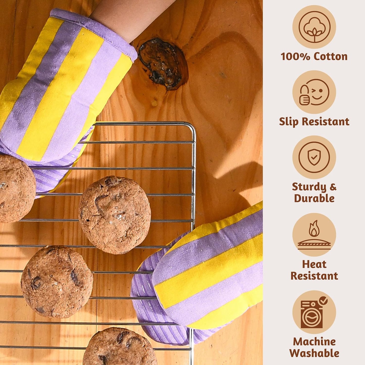 Folkulture Mini Oven Mitts Heat Resistant | (5.75x9) Set of 2 Purple Short Oven Mitts with Hanging Loop | 100% Cotton Oven Gloves or Kitchen Mittens | Small Oven Mitt Set or Yellow Silicone Oven Mit