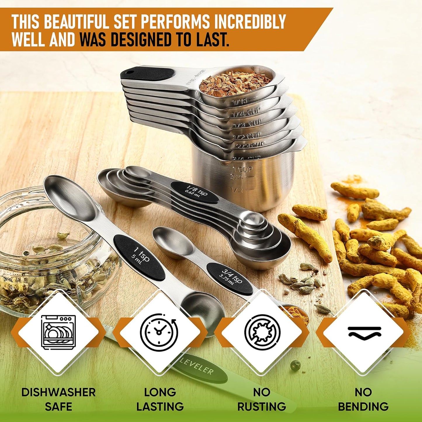 Spring Chef Magnetic Measuring Cups & Spoons Set (Patent Pending), Strong N45 Magnets, Heavy Duty Stainless Steel Fits in Spice Jars for Baking & Cooking, BPA Free, Round Set of 15 with Leveler, Black