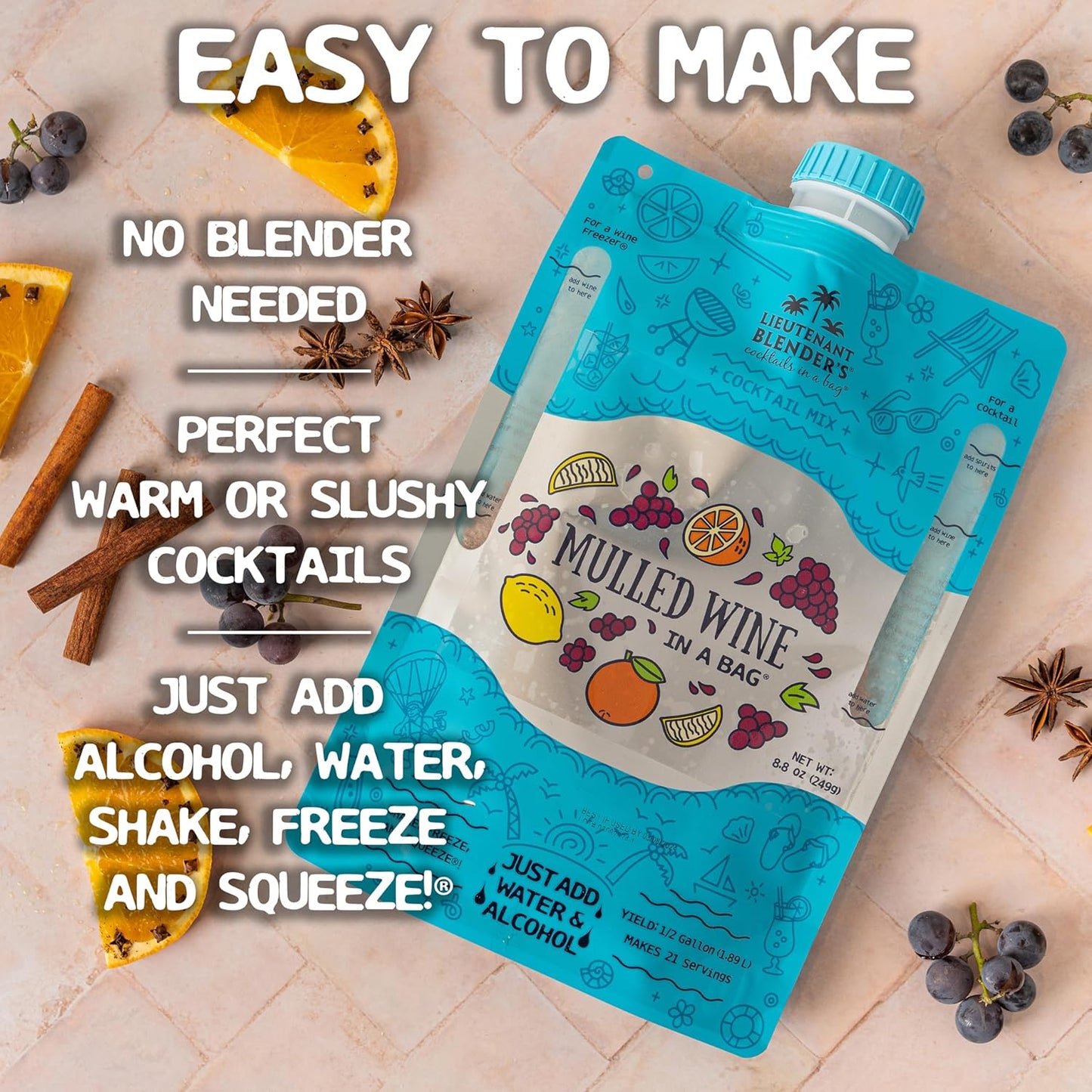 Lt. Blender's Mulled Wine in a Bag - Mulled Wine Mix - Each Bag Makes 1/2 Gallon of Cocktails – Non-GMO Cocktail Mix - No Blender Needed – Add Liquor, Wine or as a Mocktail (Pack of 1)