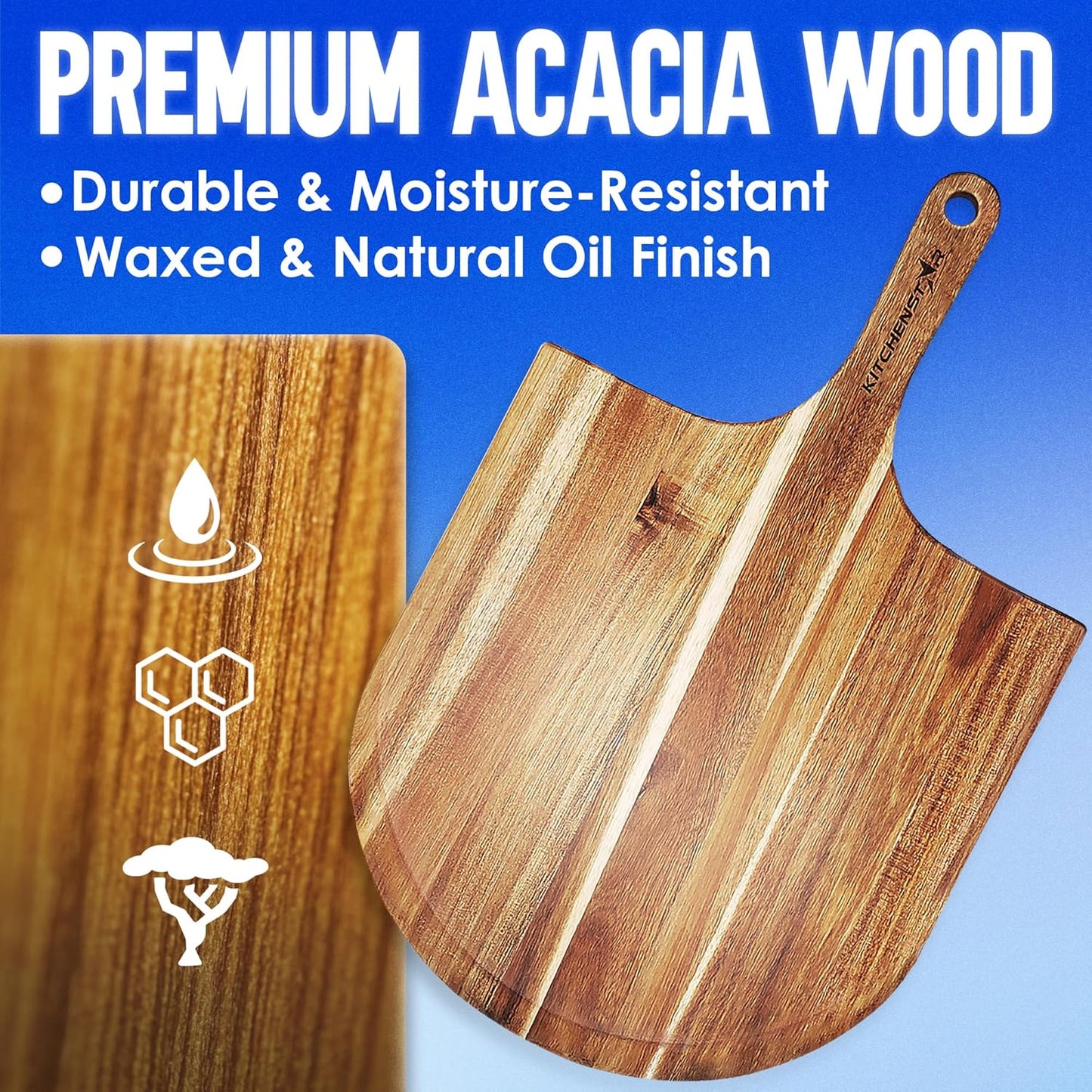 KitchenStar 16-Inch Acacia Wood Pizza Peel – Extra Large Wooden Cutting & Serving Board with Handle – Natural Oil Finish – Ideal Pizza Oven Accessory for Easy Sliding & Prep