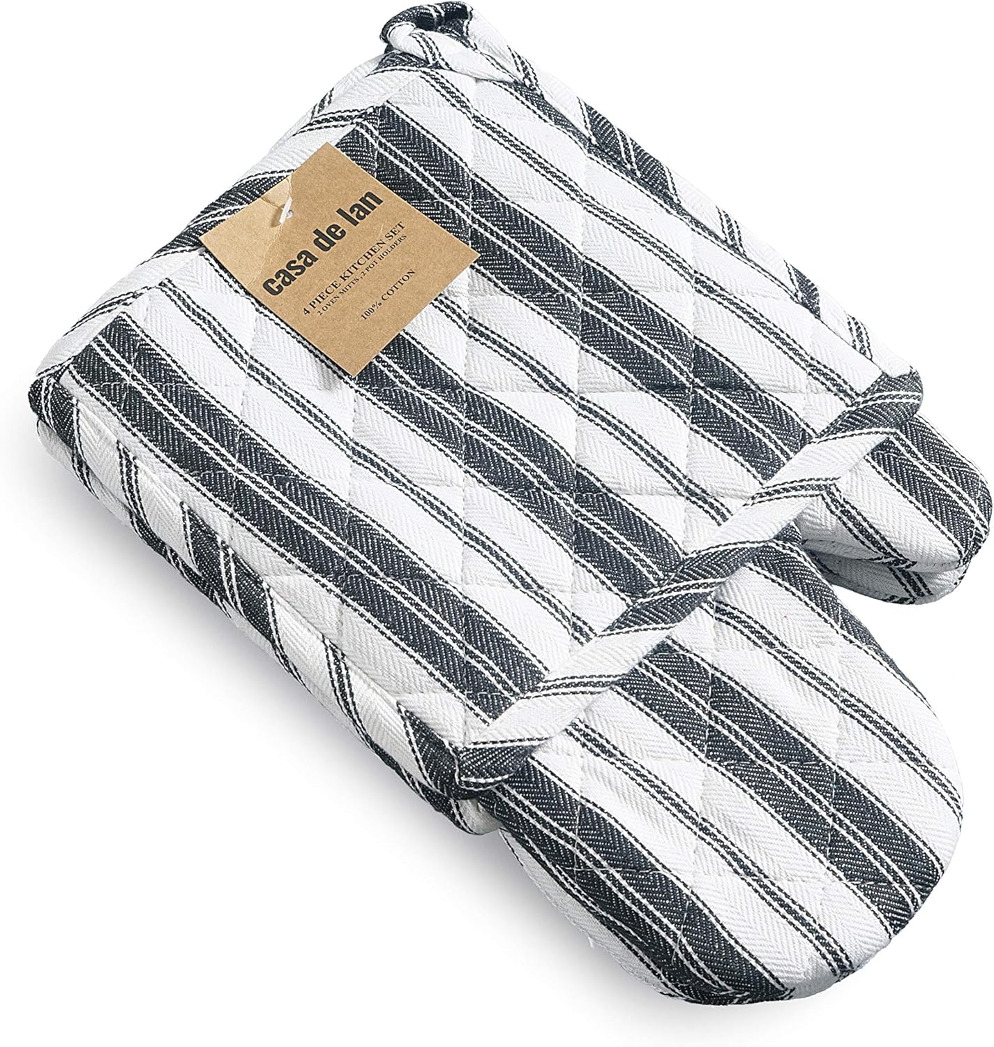 Oven Mitt & Potholder Set - Durable Heat Resistant Gloves - Thick Mittens for Kitchen - Suitable for Cooking, Baking, Grilling - BBQ- 1 Oven Mitts & 1 Potholders - Black Stripes - Casa De Lan