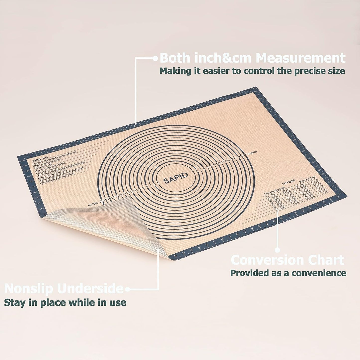 Sapid Extra Thick Silicone Pastry Mat Non-slip with Measurements for Non-stick Silicone Baking Mat Extra Large, Dough Rolling, Pie Crust, Kneading Mats, Countertop, Placement Mats (24" x 36", Gray)