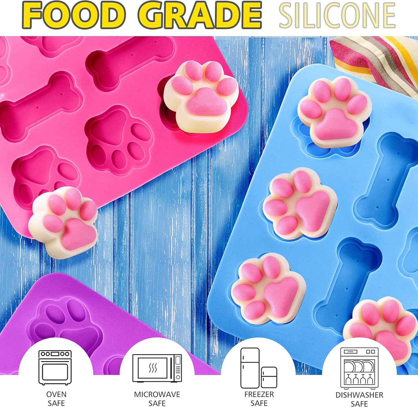 Anaeat 3 Pack Silicone Molds with Puppy Dog Paw and Bone Shaped 2 in 1, Reusable Non-Stick Ice Cube Trays & Flexible Candy Chocolate Molds for Homemade Dog Treats, Pudding, Jelly & Baking Biscuits
