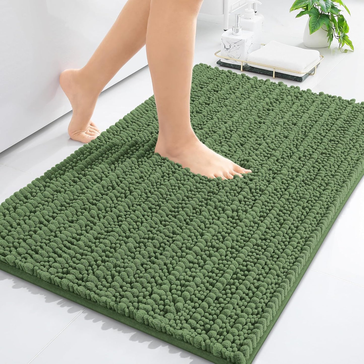 Arotive Luxury Chenille Bathroom Rug Mat, Extra Soft Thick Absorbent Shaggy Bath Rugs, Non-Slip Machine Wash Dry, Plush Bath Mats for Bathroom, Shower and Tub, 34x21, Olive Green