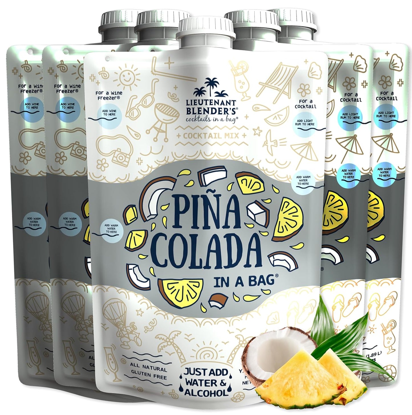 Lt. Blender's Pina Colada in a Bag – Pina Colada Drink Mix - Each Bag Makes 1/2 Gallon of Slushie Pina Coladas – Cocktail Mix - Make a Cocktail, Wine Slushie or Mocktail - (Pack of 5)