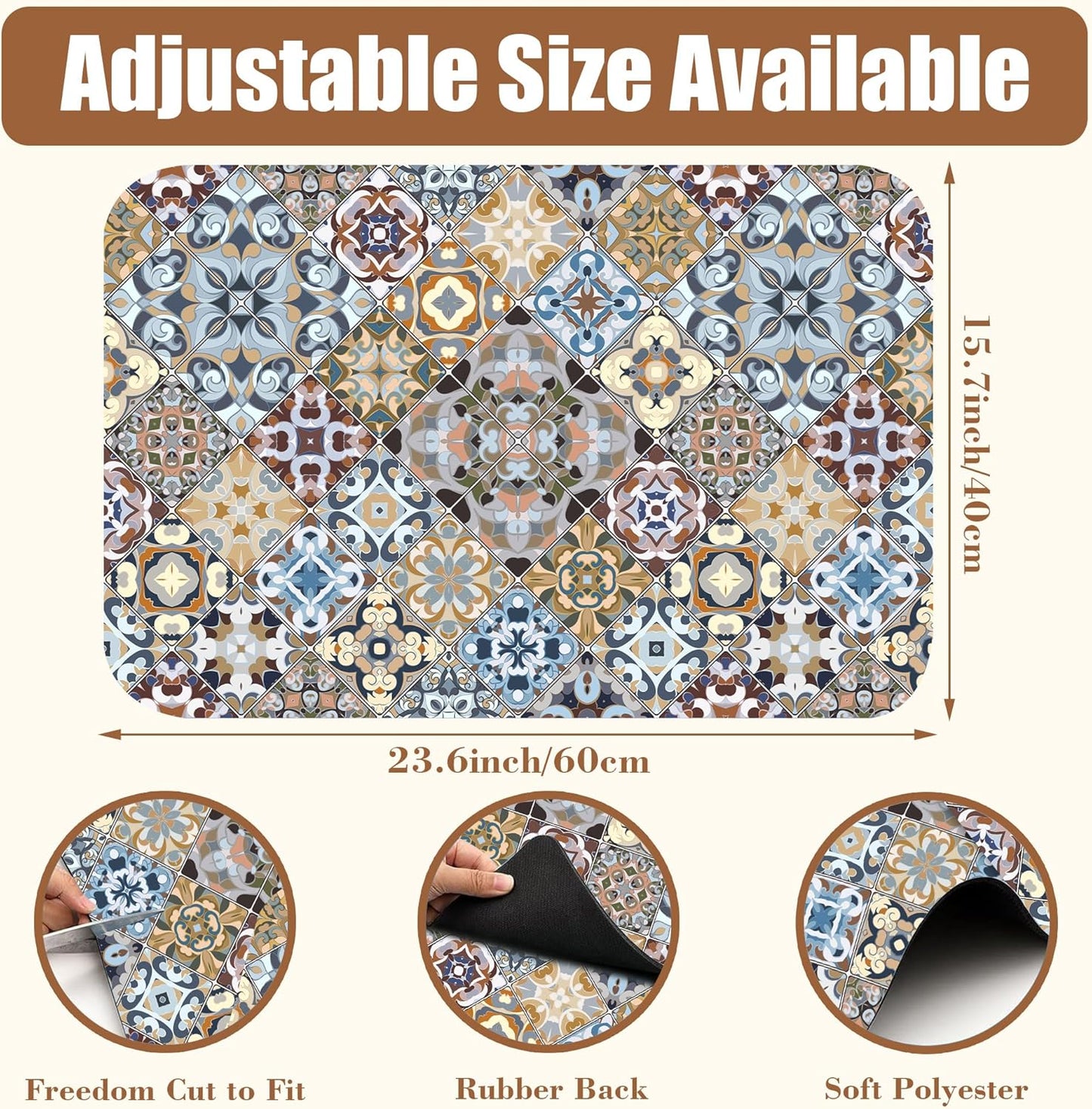 Retro Colorful Tiles Dish Drying Mat for Kitchen Counter Floral Coffee Mat Hide Stain Absorbent Drying Rack Pad with Rubber Backed Espresso Machine Coffee Bar Accessories 15.7 x 23.6 Inch