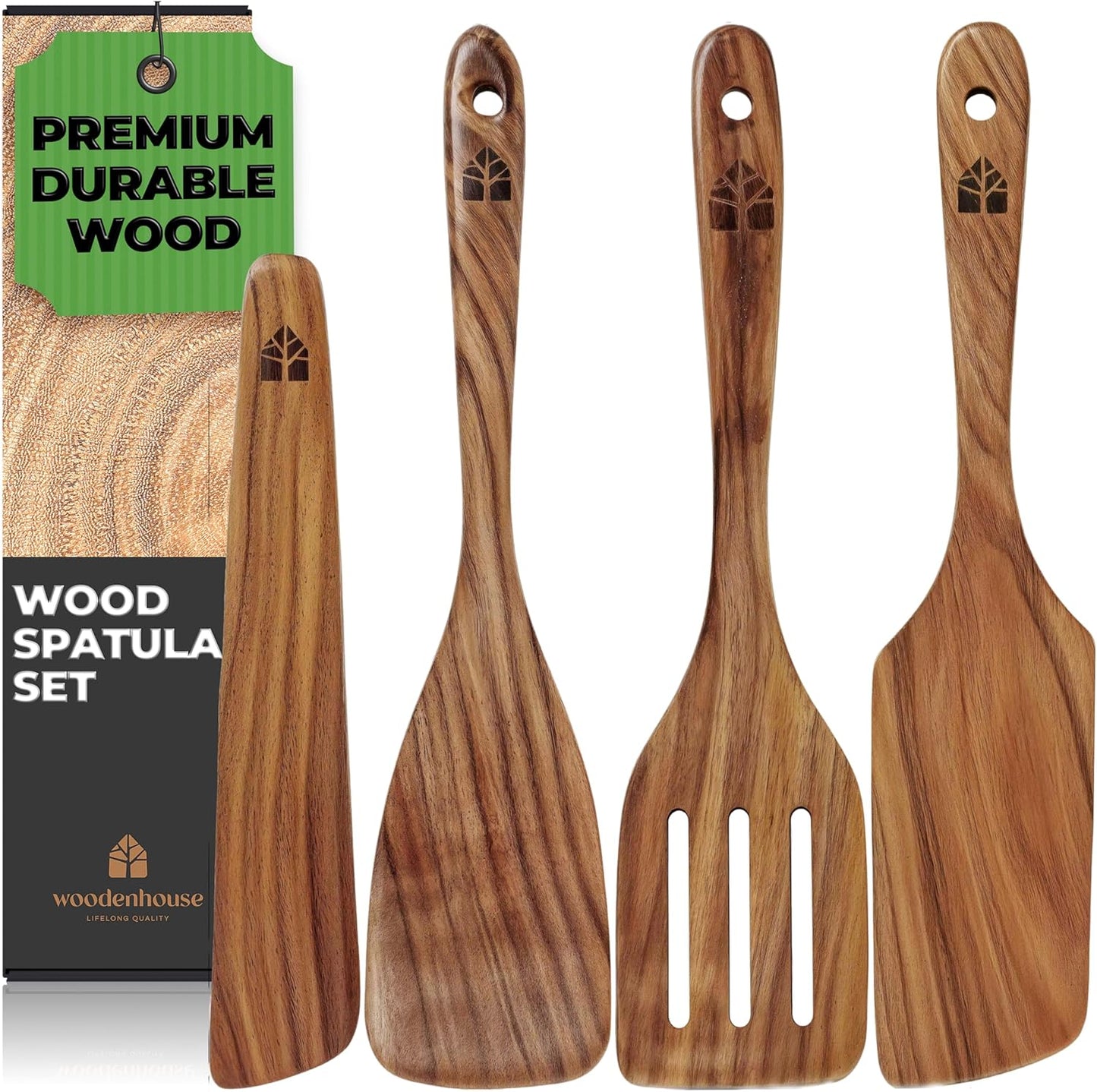 Wooden Spatula for Cooking, Teak Spatulas for Kitchen Use - Wooden Cooking Utensils Set of 4 including Paddle, Turner, Slotted Spurtle and Wood Scraper. Nonstick cookware.