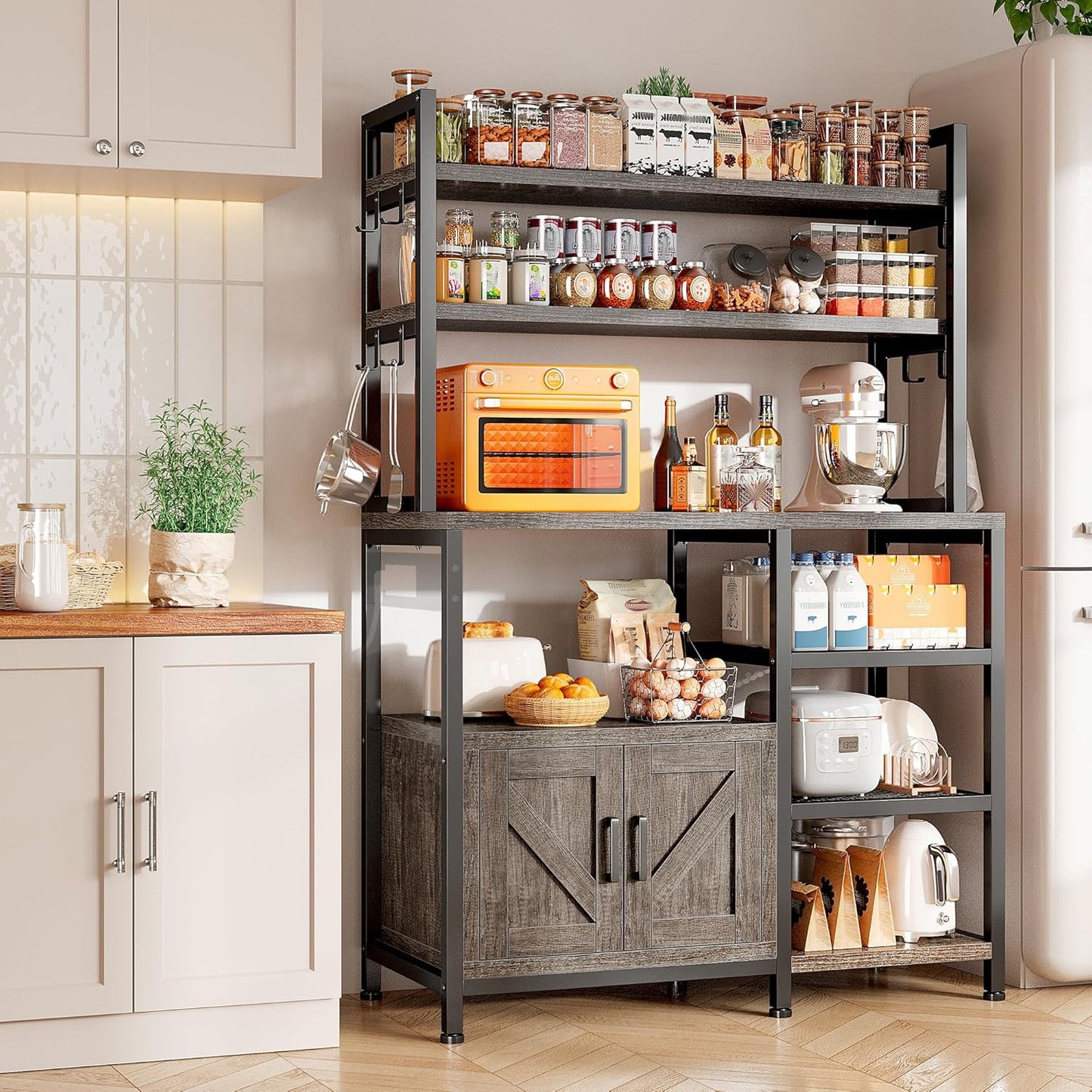 EnHomee Bakers Rack, 6 Tier Microwave Stand, Coffee Bar Organizer with 8 L-Shaped Hooks, Kitchen Shelves with Large Capacity Storage, 14.1 x 30.1 x 63.1 Inches, Black Oak