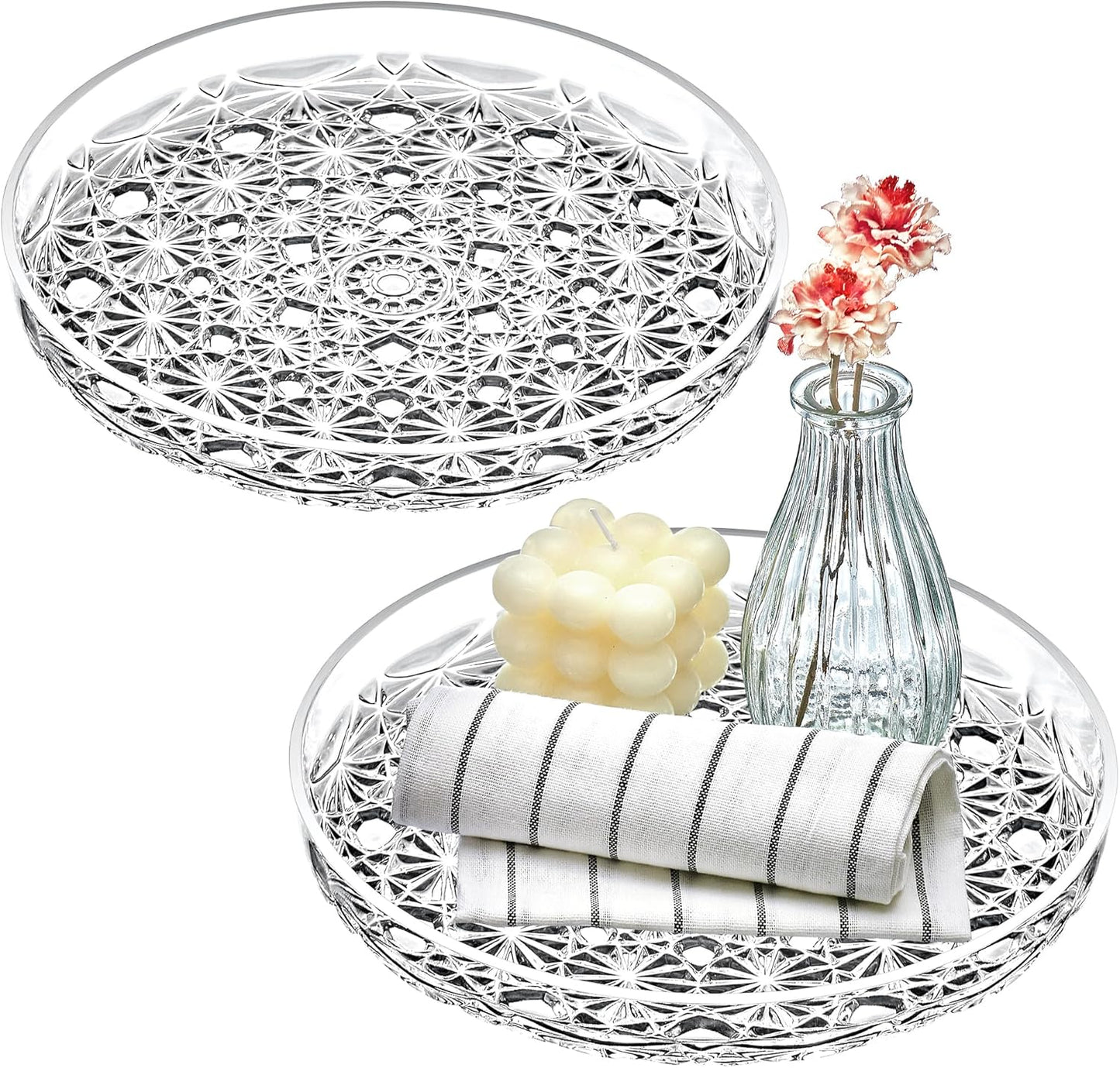 Amazing Abby - Luna - 2-Pack Acrylic Vanity Tray (10" Dia.), Plastic Bathroom Countertop Organizer, Round Coffee Table Tray, Clear Dish for Home Decor, Great for Makeup, Perfume, Jewelry, and More