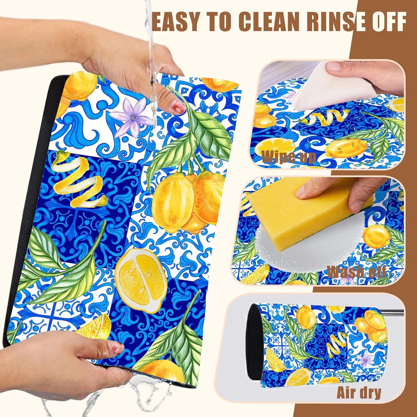 Lemon and Blue Tile Dish Drying Mat for Kitchen Counter Coffee Mat Hide Stain Absorbent Rubber Backed Dish Drainer Rack Pad Espresso Machine Coffee Bar Accessories 15.7 x 23.6 Inch