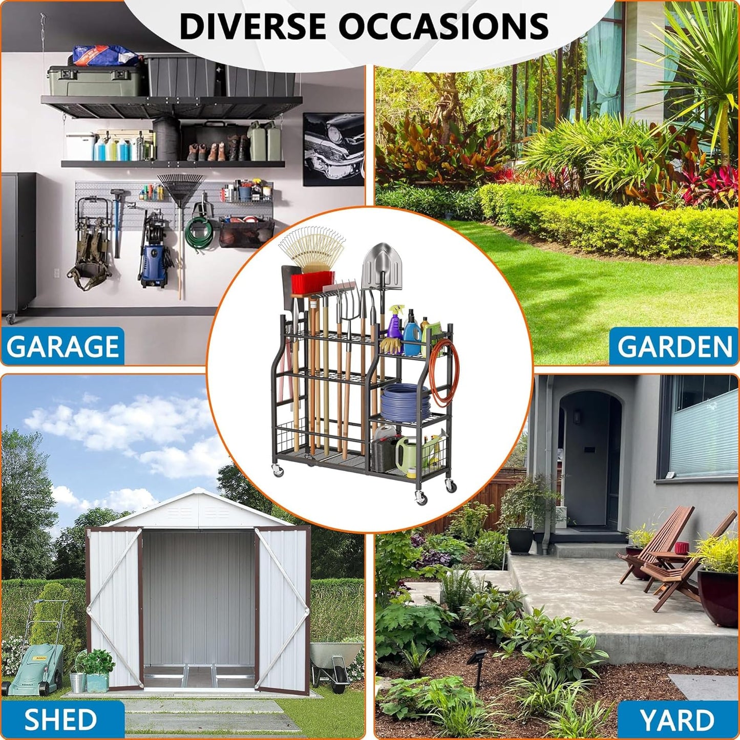 Garden Tool Organizer with Wheels for Garage and Shed, Spacious Tool Storage, Multi-Tier Design with Side Hooks for Rakes, Shovels, Brooms, and Yard Tools Rolling Cart