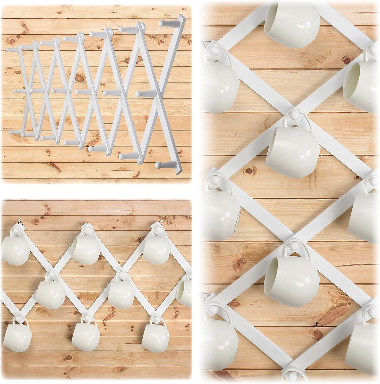 Dseap Accordian Wall Hanger: Wooden Coat Rack Wall Mounted, Hat Racks for Baseball Caps, Mug Rack, 20 Peg Hooks, White