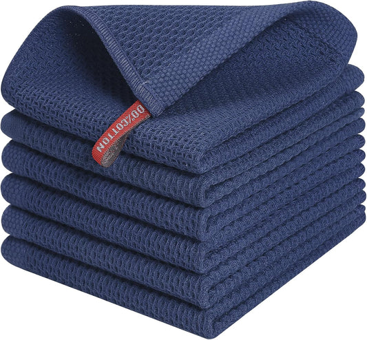 Kitinjoy 100% Cotton Kitchen Dish Cloths, 6 Pack Waffle Weave Ultra Soft Absorbent Dish Towels for Drying Dishes Quick Drying Kitchen Towels Dish Rags, 12 X 12 Inches, Navy Blue