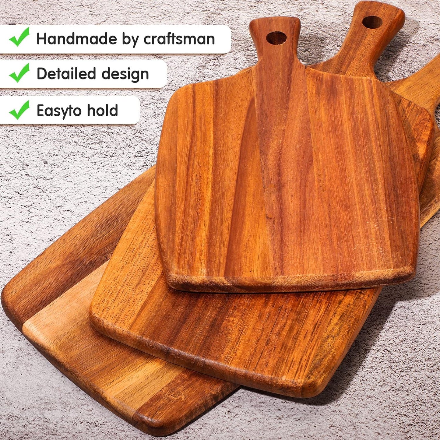 Kathfly 3 Pcs Acacia Wood Cutting Board with Handle Wooden Laser Kitchen Serving Charcuterie Board for Vegetables Meat Pizza Cheese Fruit Bread(17x7, 14x7, 10x7 Inch)