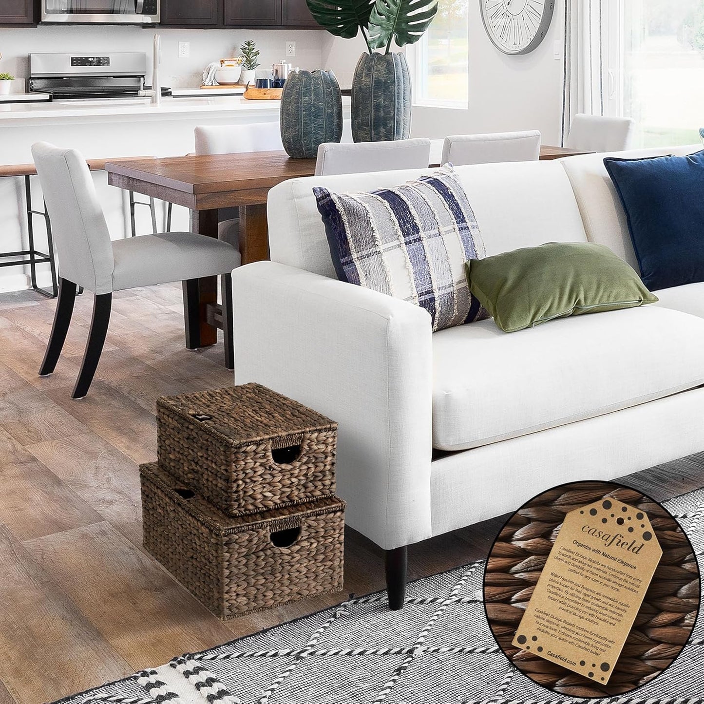 Casafield Set of 2 Water Hyacinth Rectangular Storage Baskets with Lids (Espresso - Medium/Large) for Bedroom, Bathroom, Laundry, Home Office